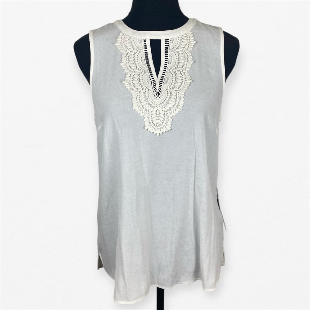 NWT Pale Sky Sheer Elegant White Lace Trim Sleeveless Top blouse M